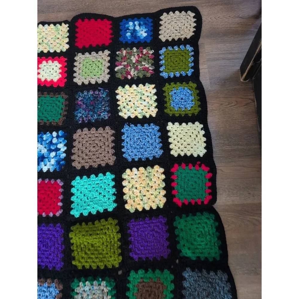 vintage granny square crochet AFGHAN throw blanket decor boho chic 44
